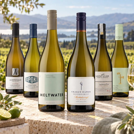 Six wine bottles arranged on a stone ledge outdoors, with a vineyard and lake in the background. The bottles include Saintfield, Spoke, Meltwater, Craggy Range, and Saint Clair, with one glass of white wine in the foreground.
